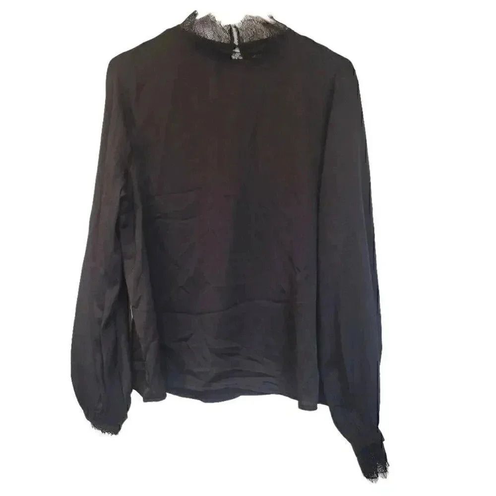 Missguided Women's Black High Neck Lace & Satin Long Sleeve Blouse NEW